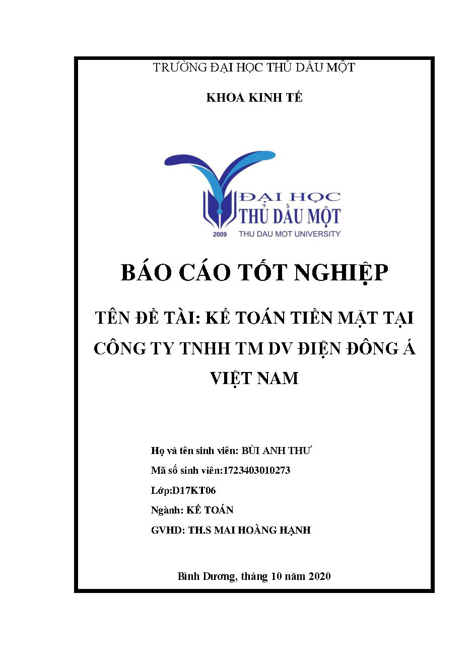 Kế toán tiền mặt tại công ty TNHH TM DV điện Đông Á Việt Nam