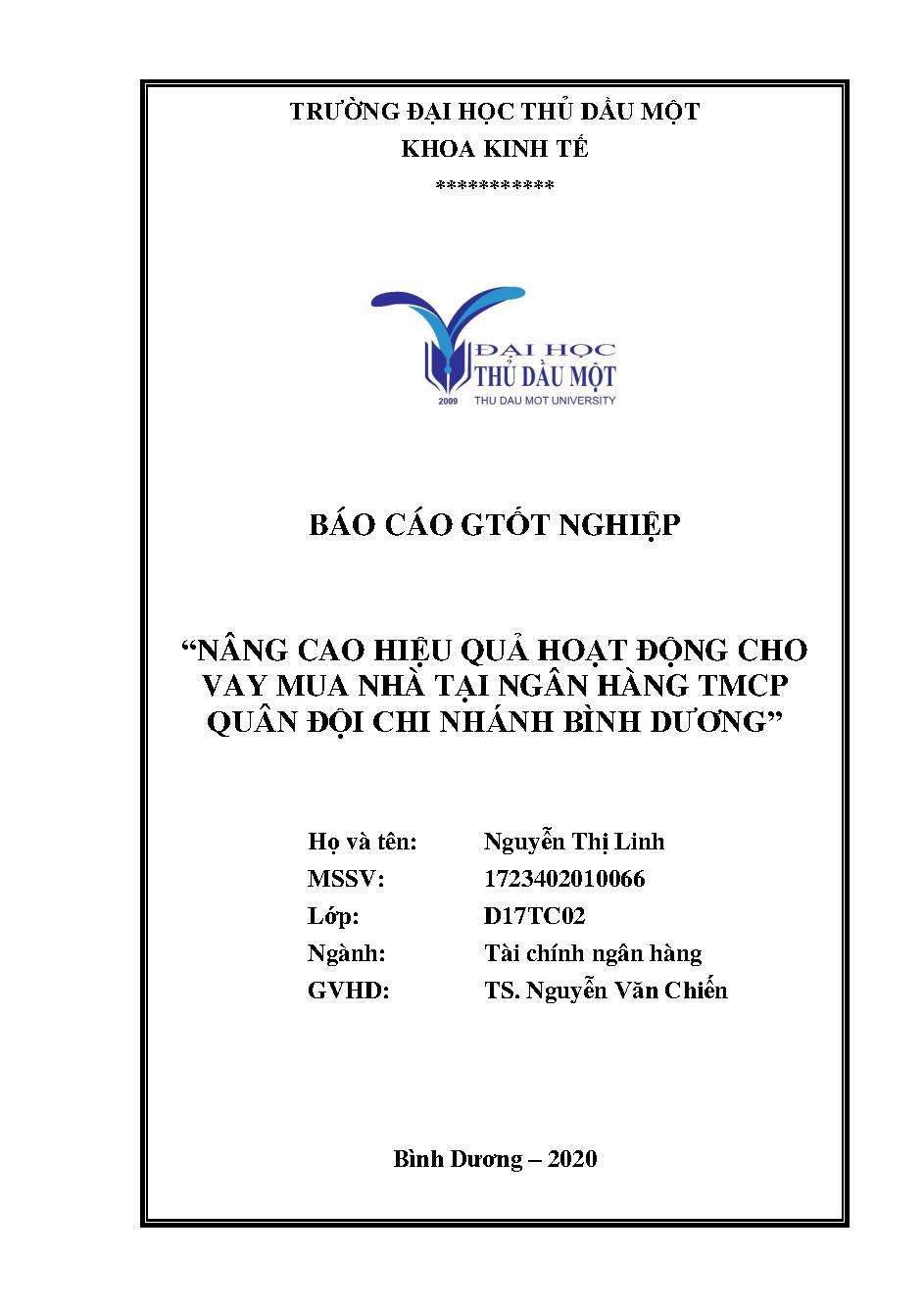 Nâng cao hiệu quả hoạt động cho vay mua nhà tại Ngân hàng TMCP Quân Đội chi nhánh Bình Dương