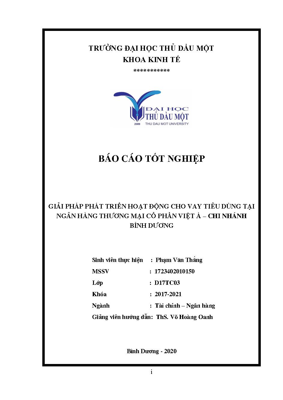 Giải pháp phát triển hoạt động cho vay tiêu dùng tại ngân hàng Thương mại Cổ phần Việt Á - Chi nhánh Bình Dương