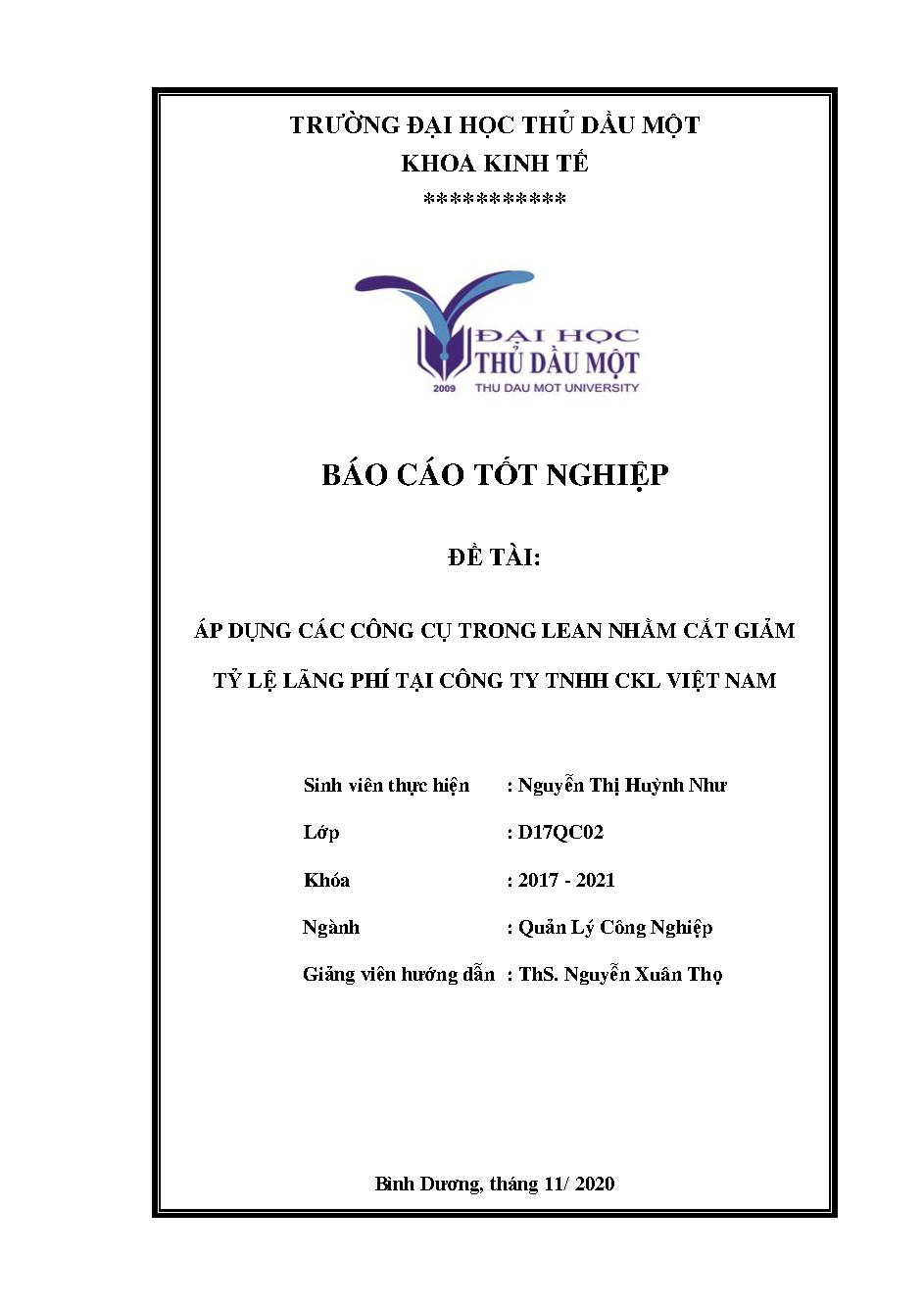 Áp dụng các công cụ trong lean nhằm cắt giảm tỷ lệ lãng phí tại Công ty TNHH CKL Việt Nam