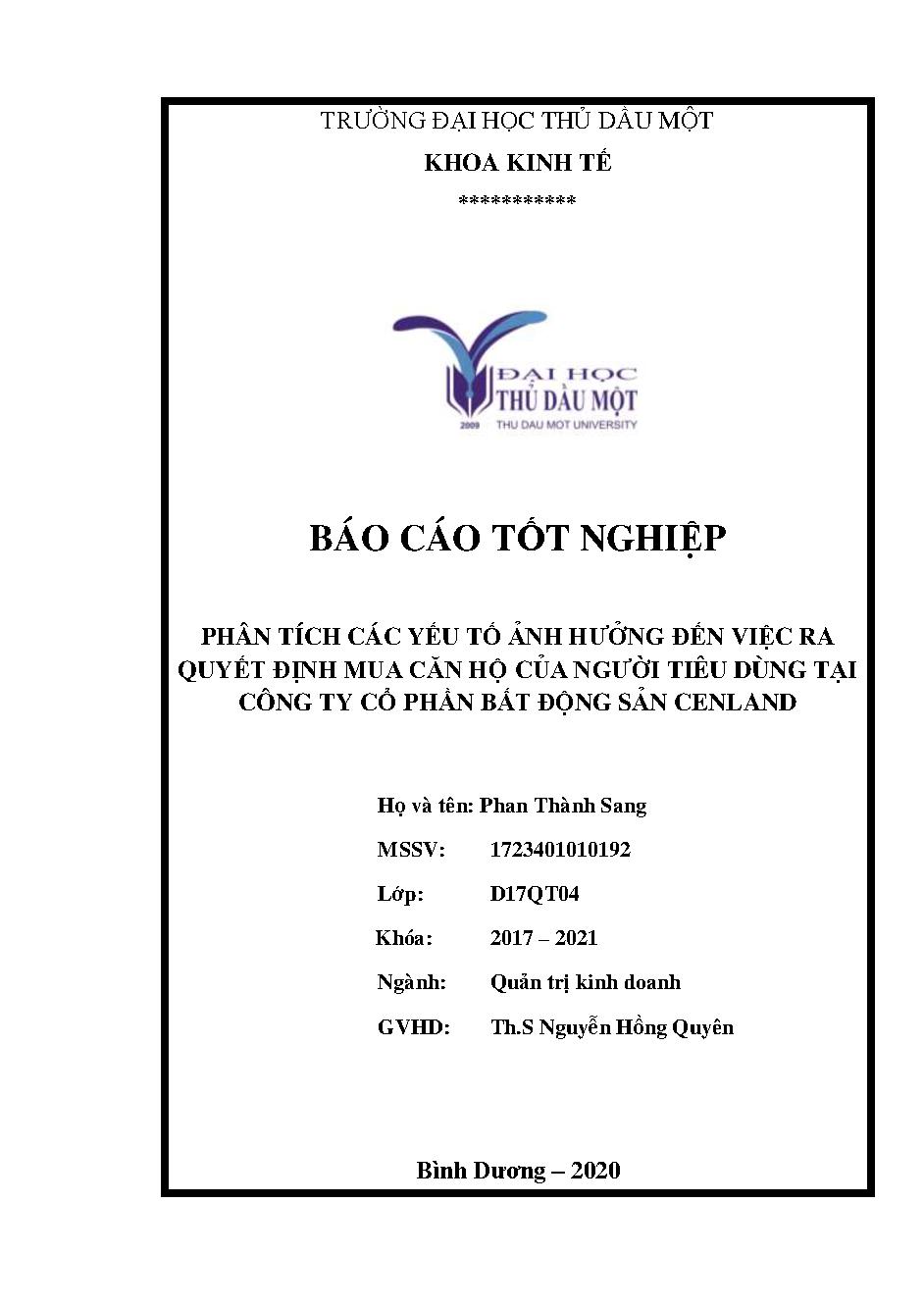 Phân tích các yếu tố ảnh hưởng đến việc ra quyết định mua căn hộ của người tiêu dùng tại Công ty Cổ phần Bất động sản Cenland