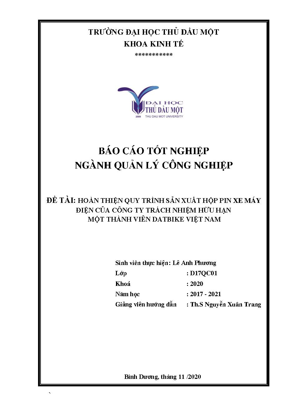 Hoàn thiện quy trình sản xuất hộp pin xe máy điện của Công ty Trách nhiệm hữu hạn Một thành viên DatBike Việt Nam