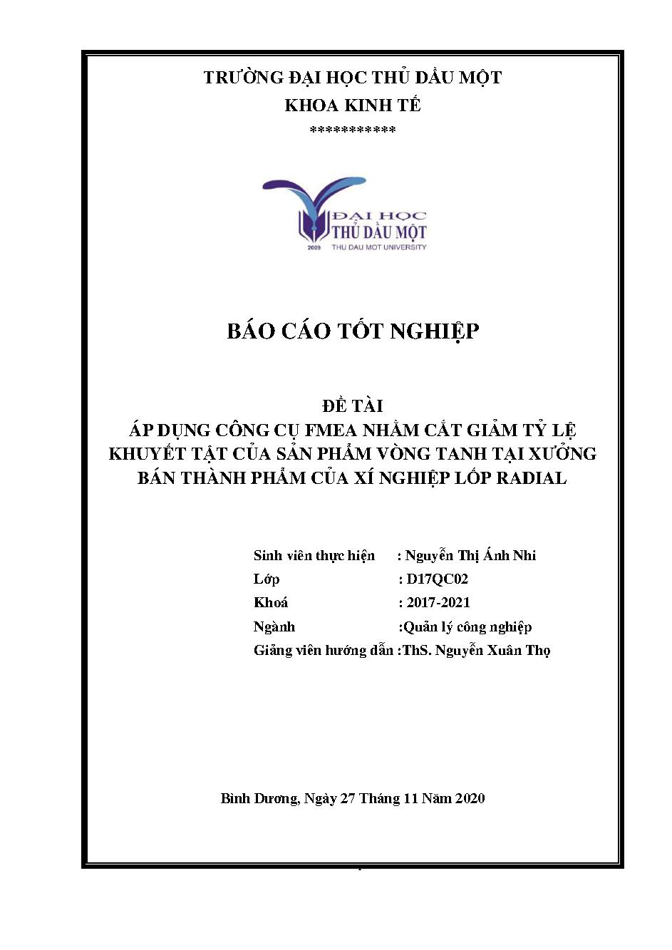 Áp dụng công cụ FMEA nhằm cắt giảm tỷ lệ khuyết tật của sản phẩm vòng tanh tại xưởng bán thành phẩm của Xí nghiệp lốp Radial