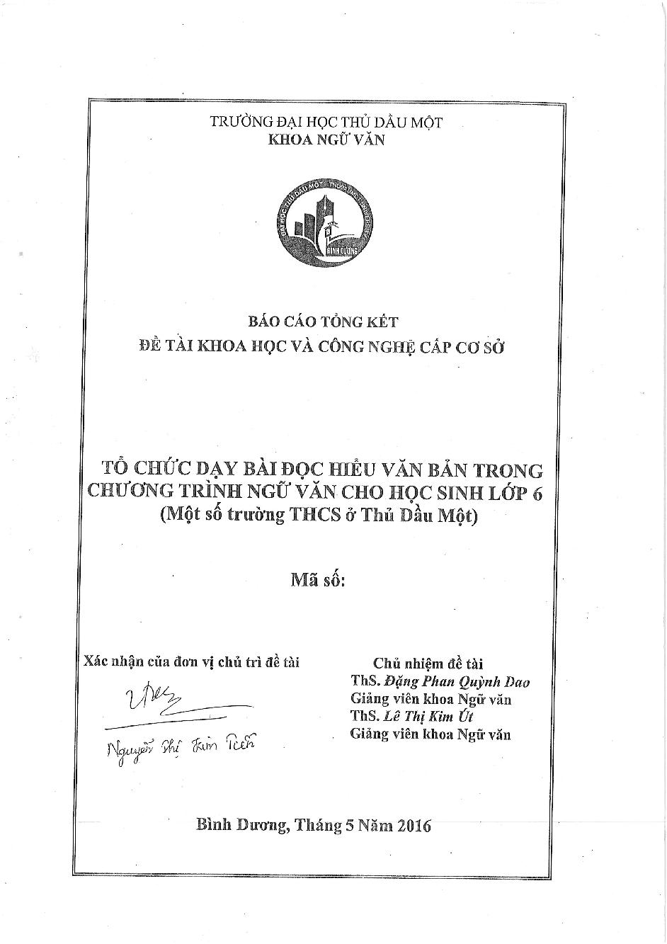 Tổ chức dạy bài đọc hiểu văn bản trong chương trình ngữ văn cho học sinh lớp 6 (Một số trường THCS ở Thủ Dầu Một)