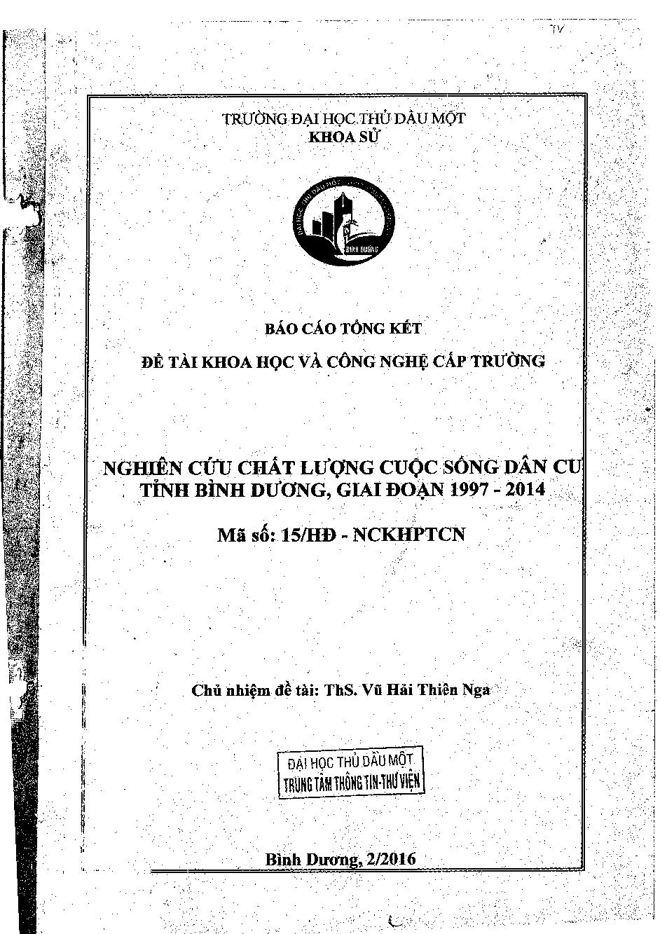 Nghiên cứu chất lượng cuộc sống dân cư tỉnh Bình Dương, giai đoạn 1997-2014