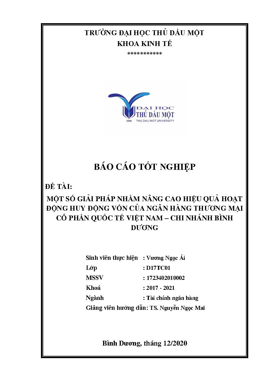 Một số giải pháp nâng cao hiệu quả hoạt động huy động vốn của ngân hàng Thương mại Cổ phần quốc tế Việt Nam - Chi nhánh Bình Dương