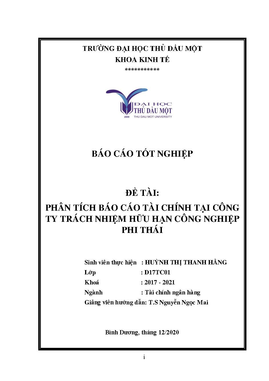 Phân tích báo cáo tài chính tại công ty trách nhiệm hữu hạn công nghiệp Phi Thái