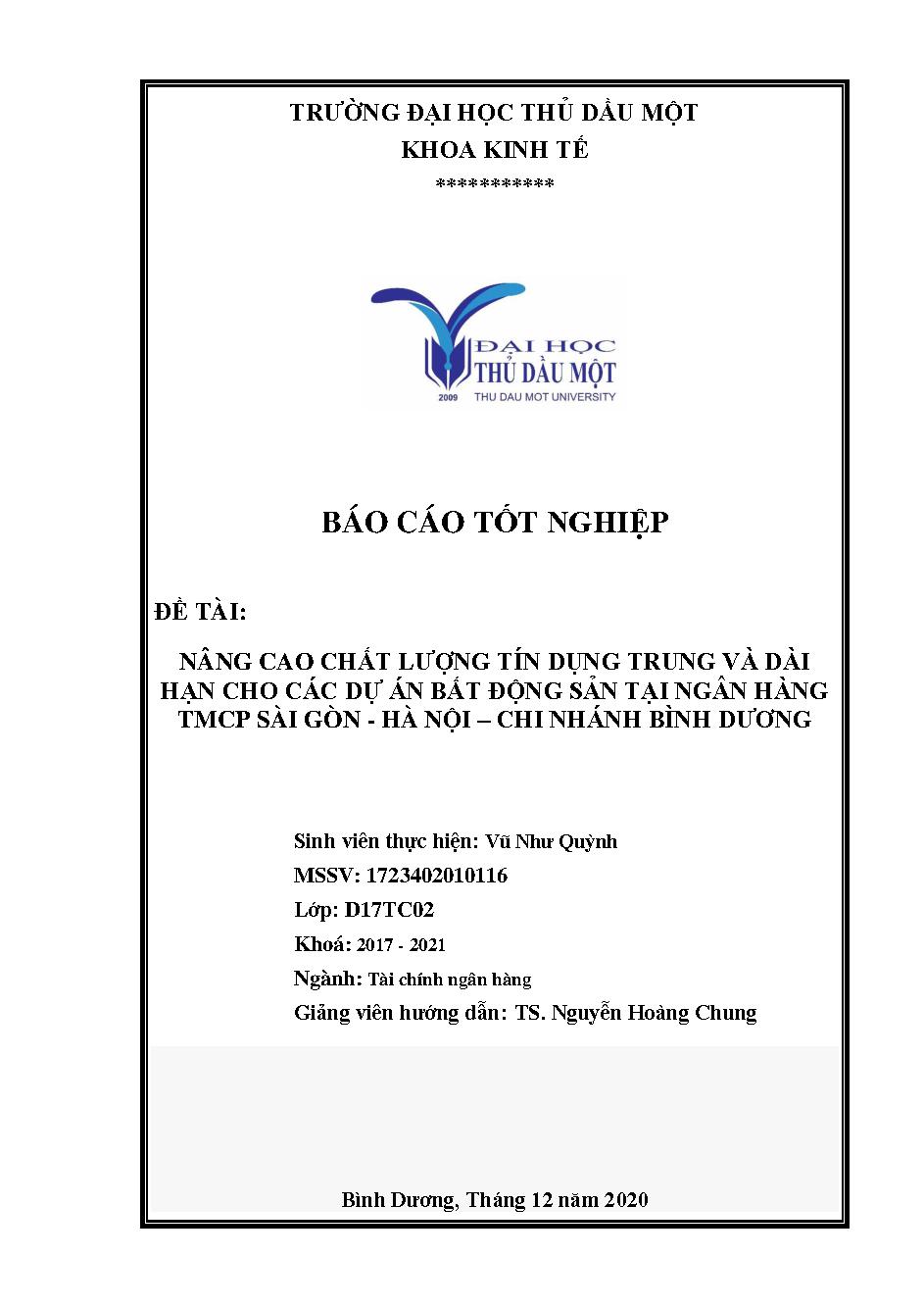 Nâng cao chất lượng tín dụng trung và dài hạn cho các dự án bất động sản tại ngân hàng TMCP Sài Gòn - Hà Bội - Chi nhánh Bình Dương