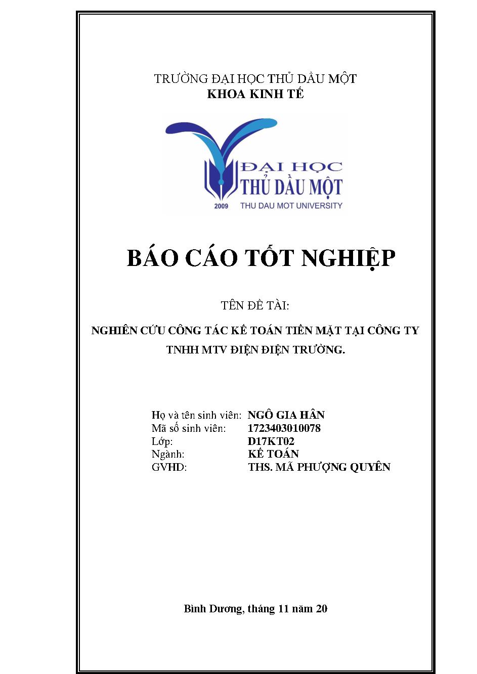 Nghiên cứu công tác kế toán tiền mặt tại công ty TNHH MTV Điện Điện Trường