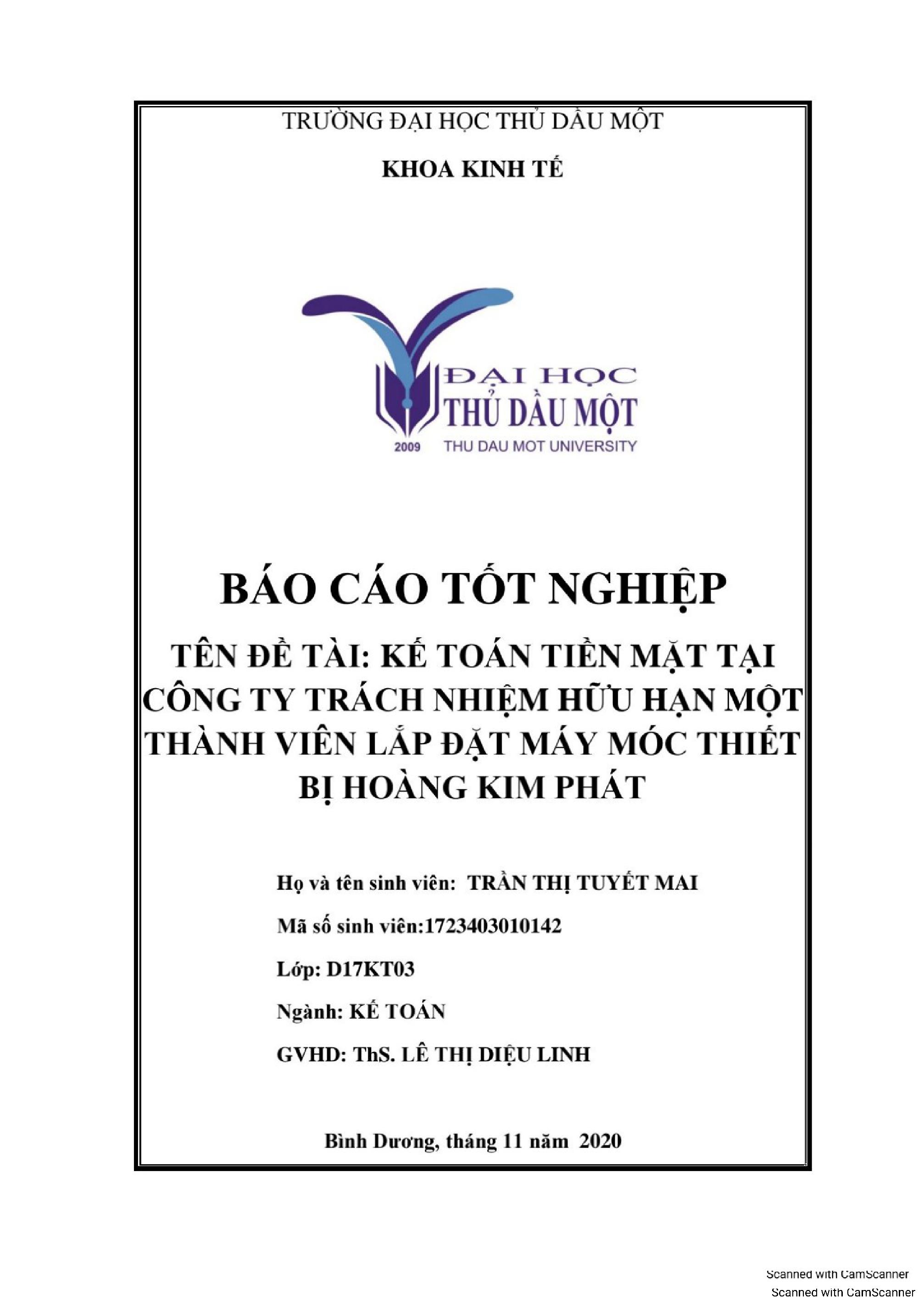 Kế toán tiền mặt tại công ty trách nhiệm hữu hạn một thành viên lắp đặt máy móc thiết bị Hoàng Kim Phát