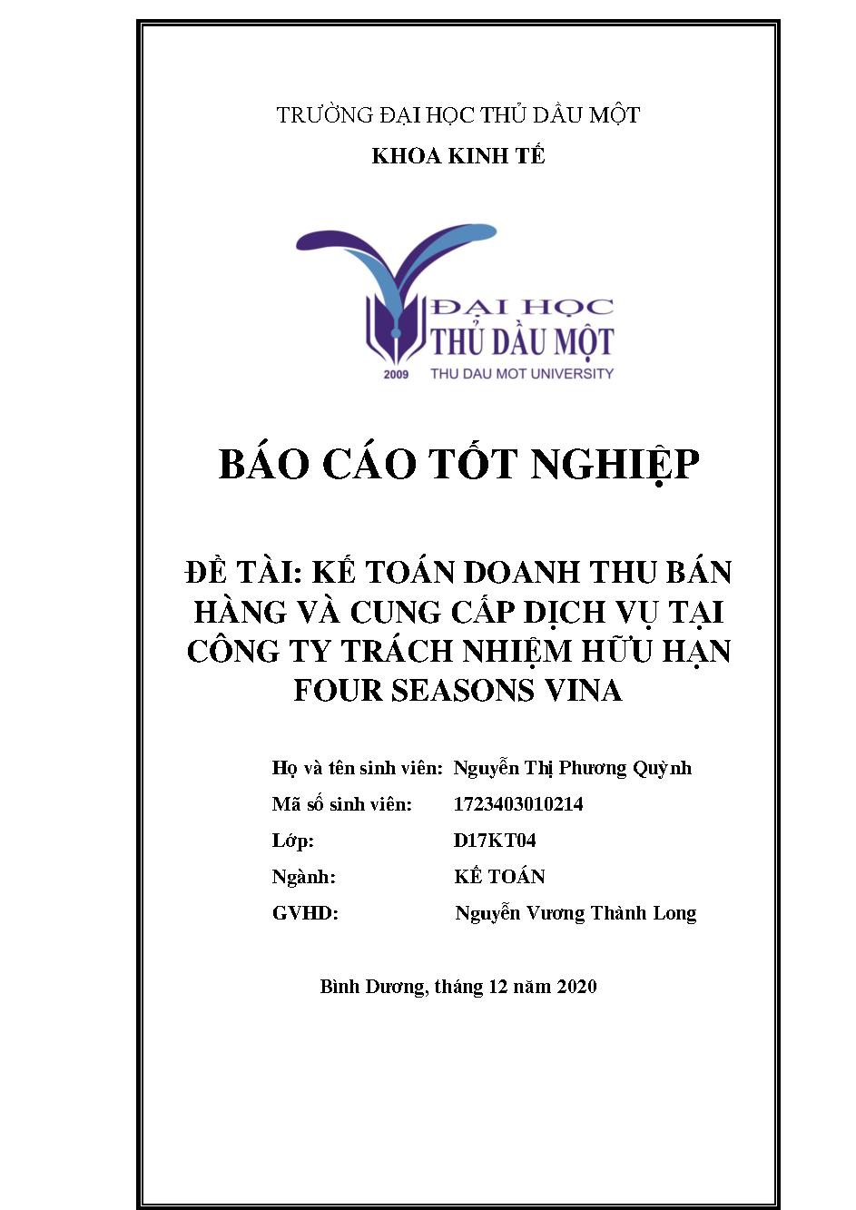 Kế toán doanh thu bán hàng và cung cấp dịch vụ tại công ty trách nhiệm hữu hạn Four Seasons Vina