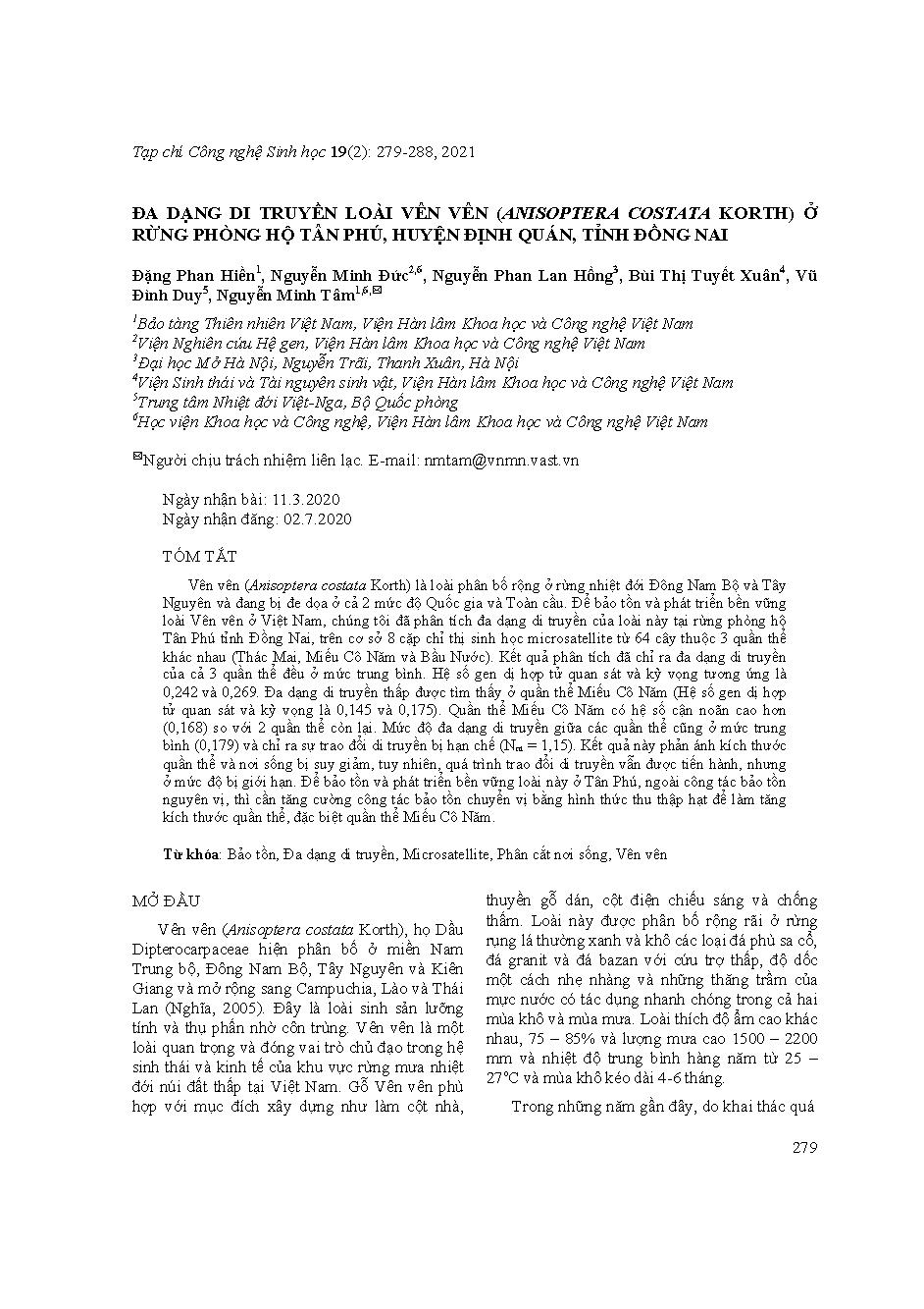 Đa dạng di truyền loài Vên vên (anisoptera korthcostata ) ở rừng phòng hộ Tân Phú, huyện Định Quán, tỉnh Đồng Nai