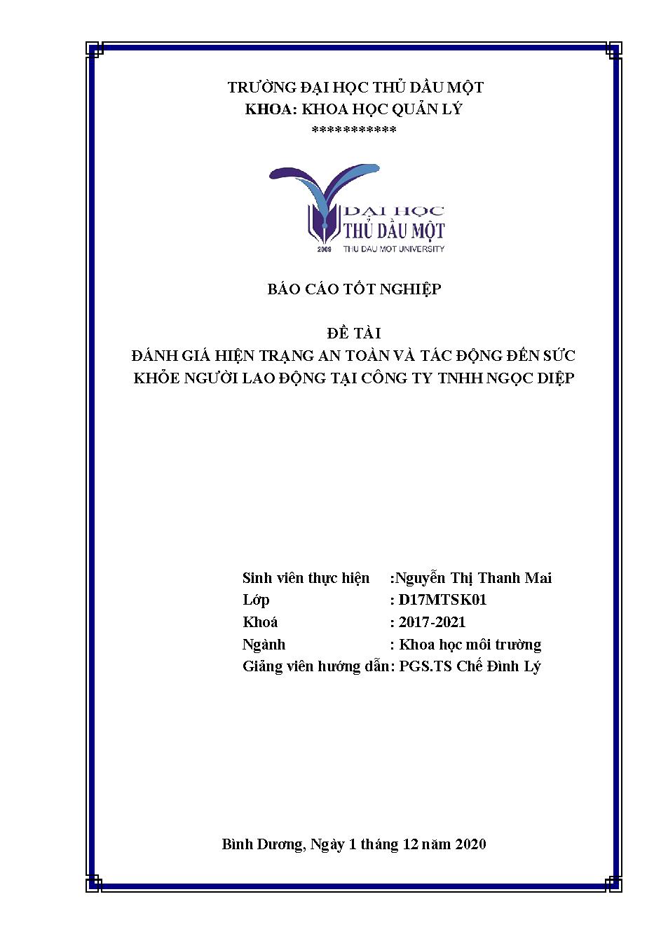 Đánh giá hiện trạng an toàn và tác động đến sức khỏe người lao động tại công ty TNHH Ngọc Diệp