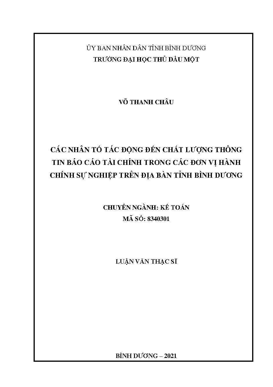 Các nhân tố tác động đến chất lượng thông tin báo cáo tài chính trong các đơn vị hành chính sự nghiệp tại địa bàn tỉnh Bình Dương