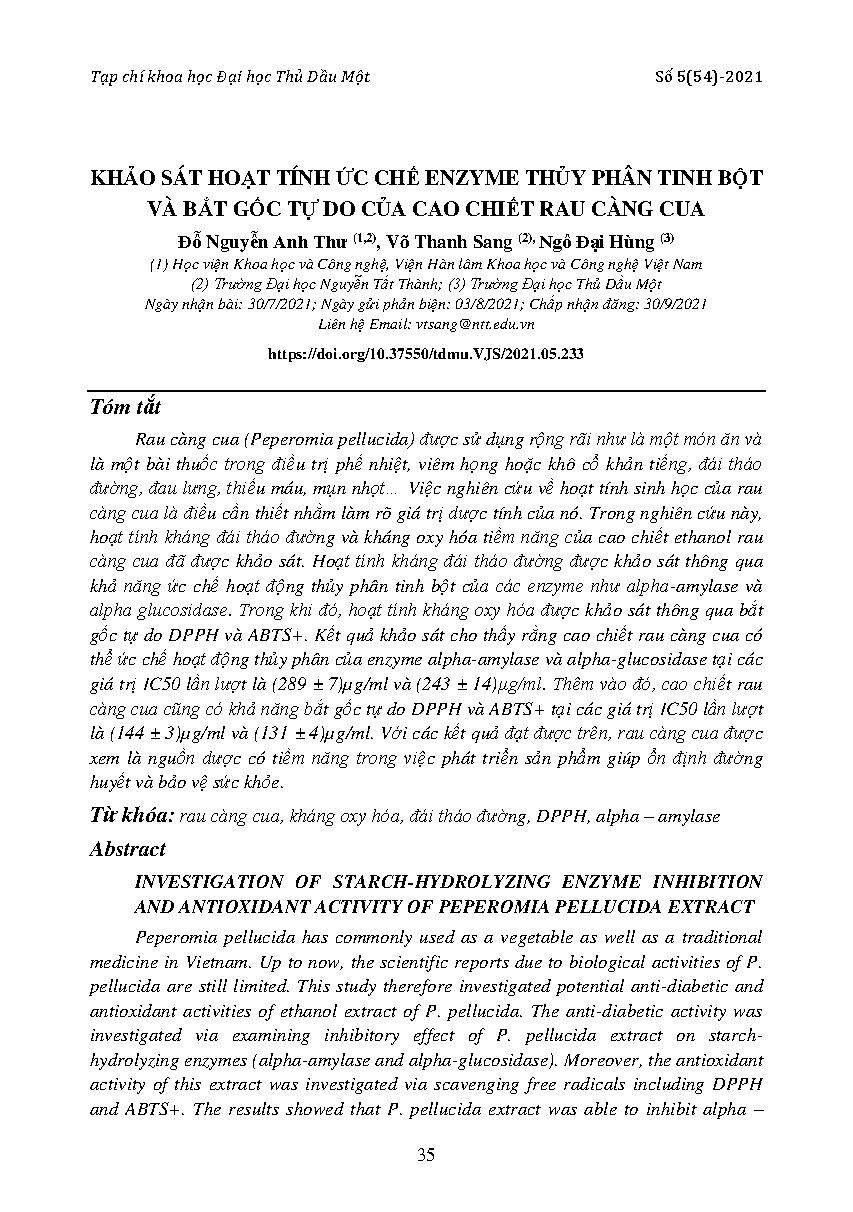 Khảo sát hoạt tính ức chế enzyme thủy phân tinh bột và bắt gốc tự do của cao chiết rau càng cua