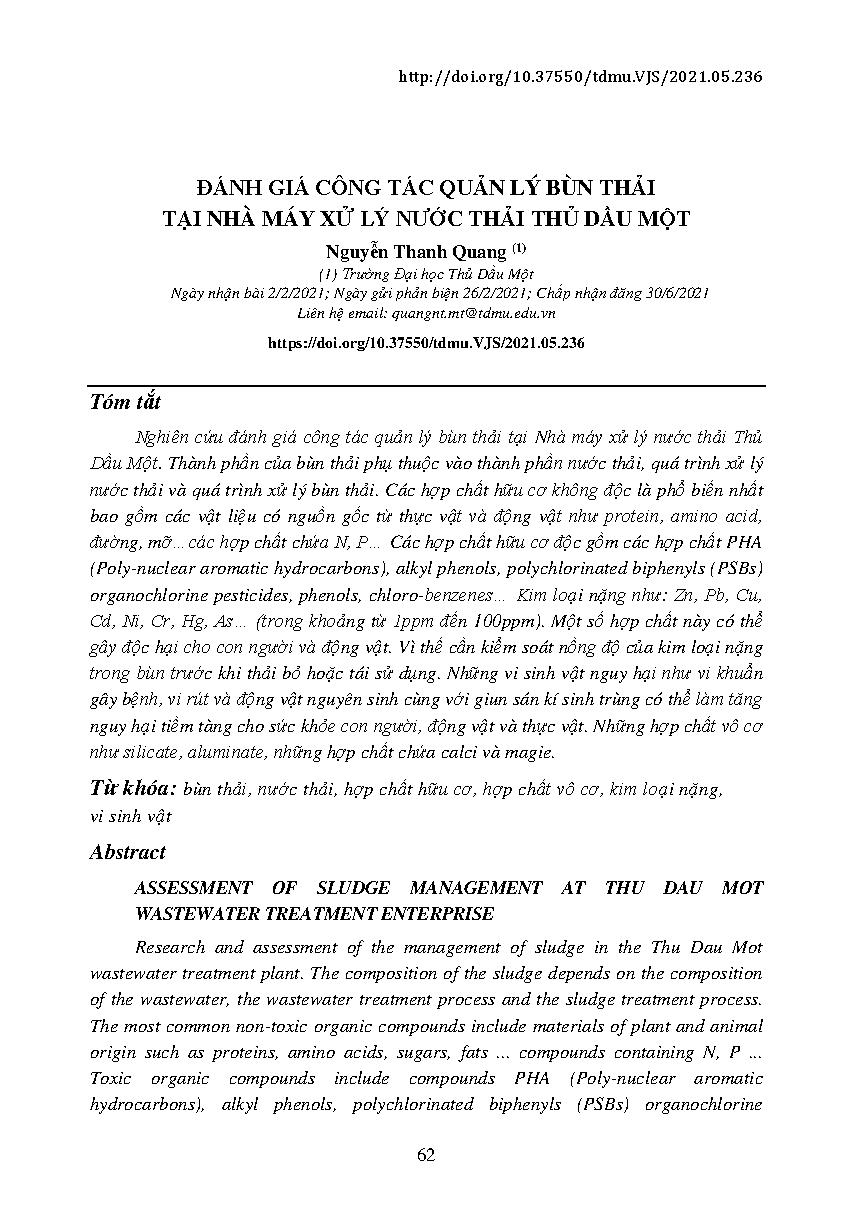 Đánh giá công tác quản lý bùn thải tại nhà máy xử lý nước thải Thủ Dầu Một