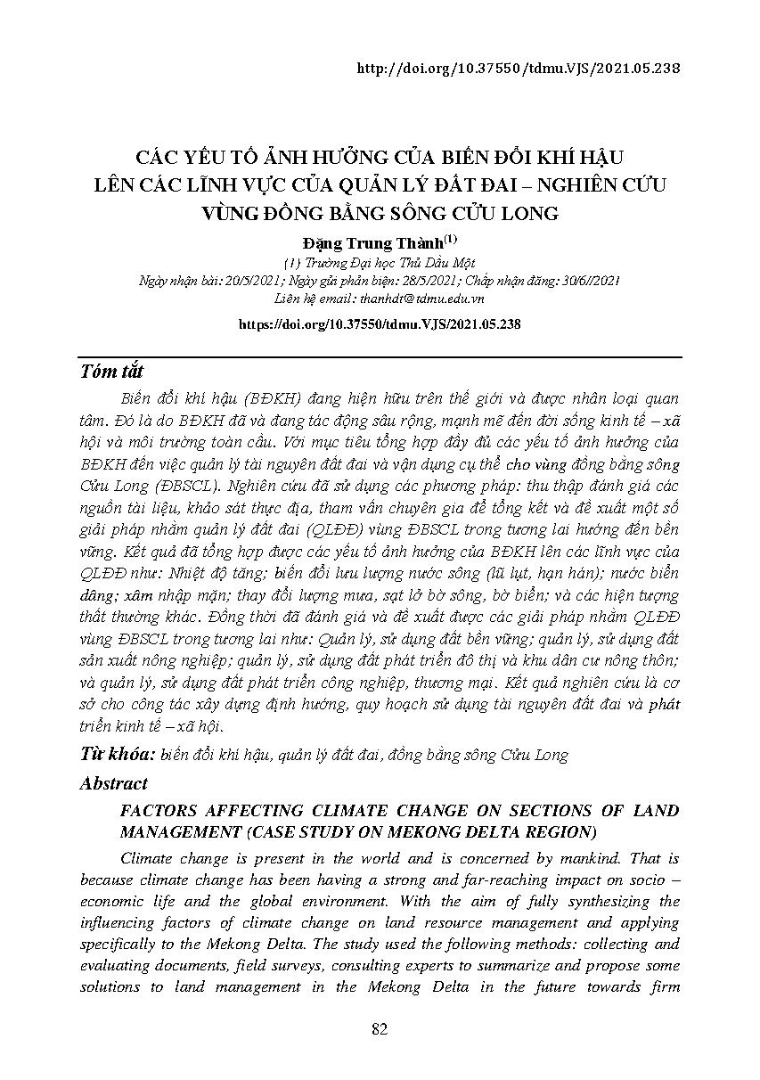 Các yếu tố ảnh hưởng của biến đổi khí hậu lên các lĩnh vực của quản lý đất đai - nghiên cứu vùng Đồng bằng Sông Cửu Long