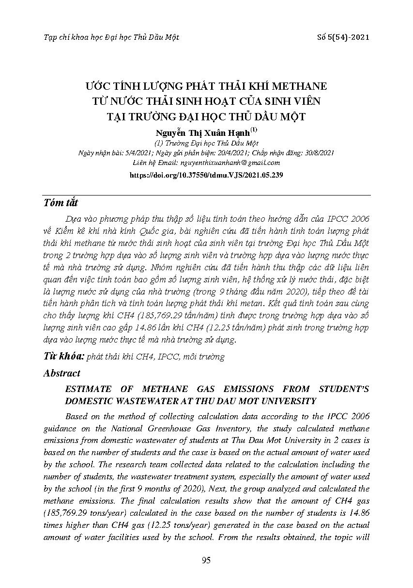 Ước tính lượng phát thải khí methane từ nước thải sinh hoạt của sinh viên tại trường đại học Thủ Dầu Một