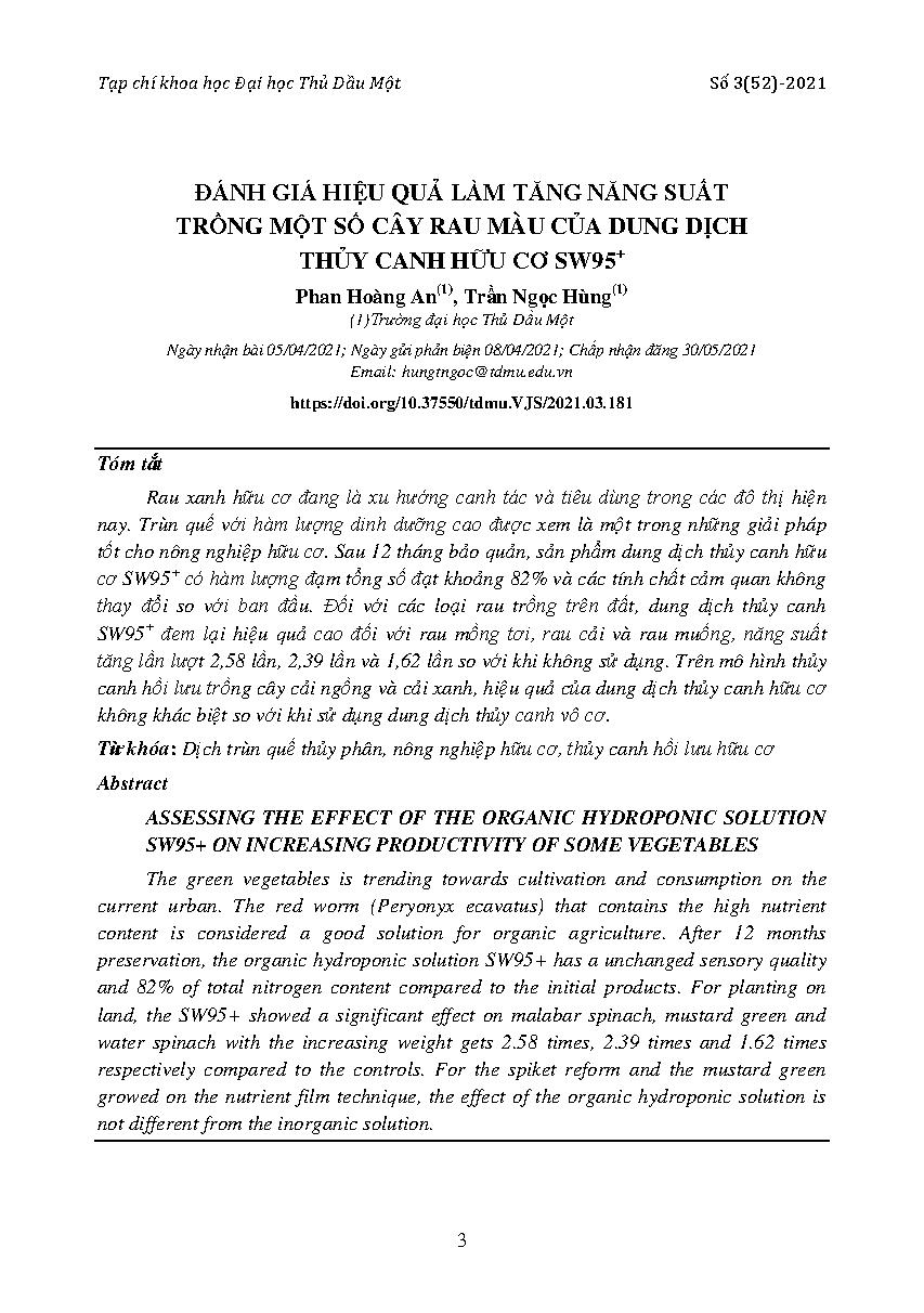 Đánh giá hiệu quả làm tăng năng suất trồng một số cây rau màu của dung dịch thủy canh hữu cơ SW95+