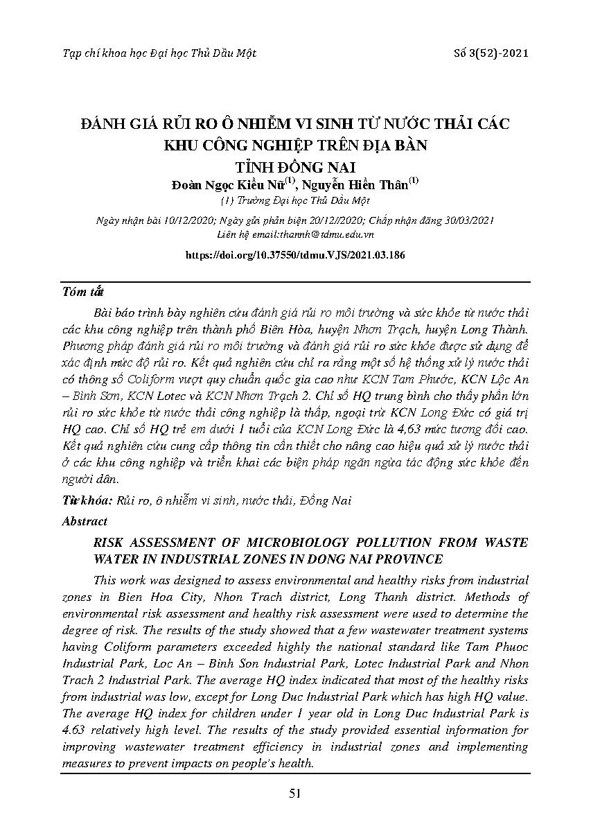Đánh giá rủi ro ô nhiễm vi sinh từ nước thải các khu công nghiệp trên địa bàn tỉnh Đồng Nai