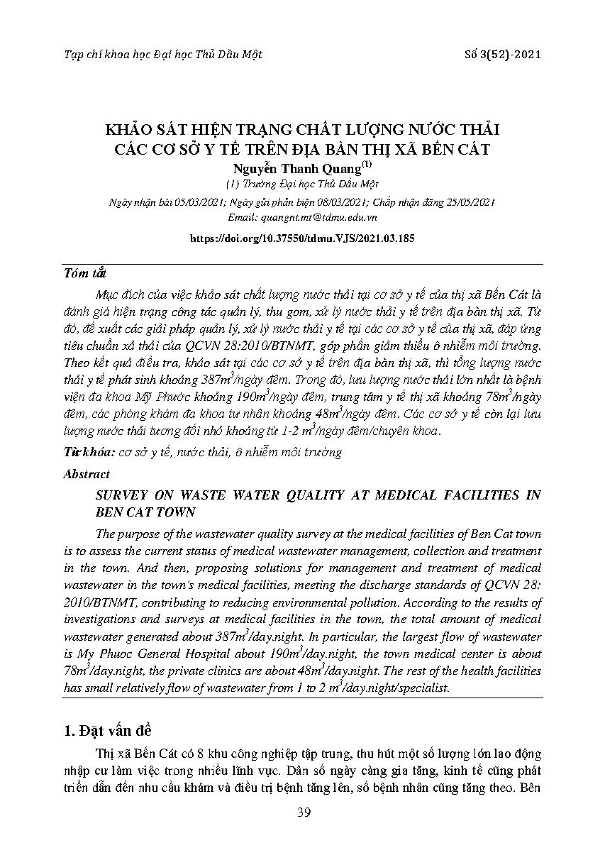 Khảo sát hiện trạng chất lượng nước thải các cơ sở y tế trên địa bàn thị xã Bến Cát