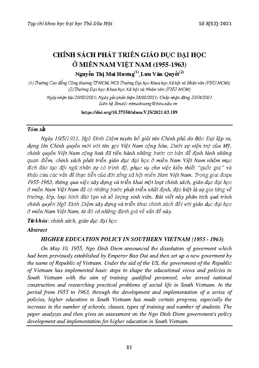 Chính sách phát triển giáo dục đại học ở miền Nam Việt Nam (1955-1963)