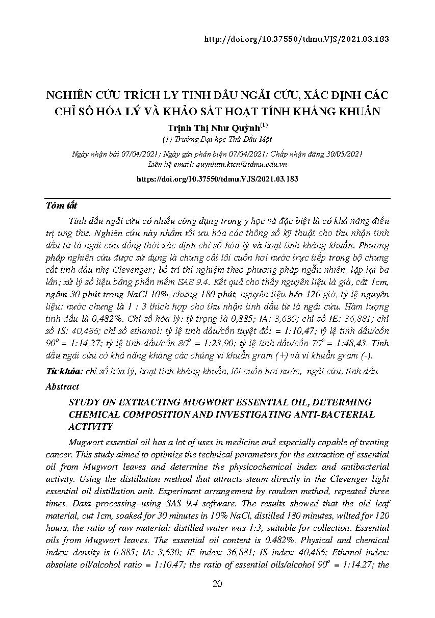 Nghiên cứu trích ly tinh dầu ngãi cứu, xác định các chỉ số hóa lý và khảo sát hoạt tính kháng khuẩn