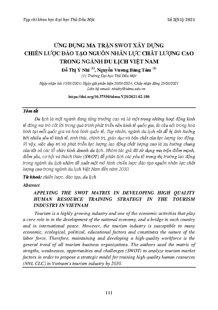 Ứng dụng ma trận swot xây dựng chiến lược đào tạo nguồn nhân lực chất lượng cao trong nghành du lịch Việt Nam