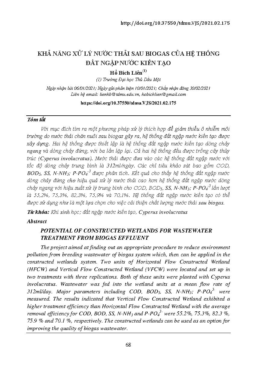 Khả năng xử lý nước thải sau biogas của hệ thống đất ngập nước kiến tạo