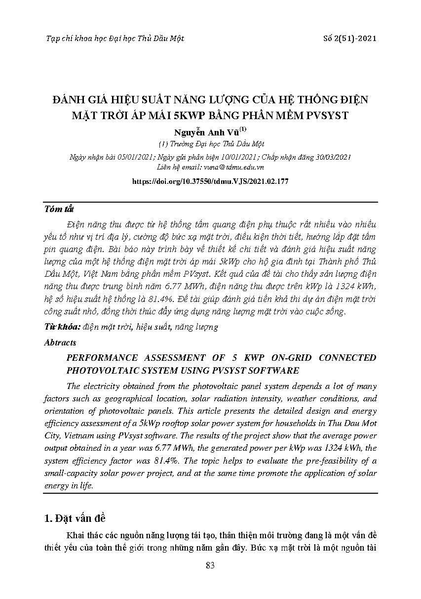 Đánh giá hiệu suất năng lượng của hệ thống điện mặt trời áp mái 5kwp bằng phần mềm pvsyst