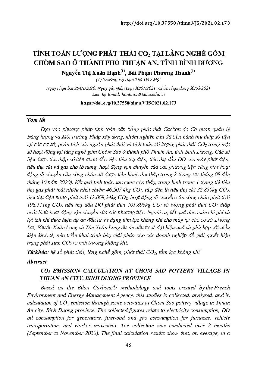 Tính toán lượng phát thải CO2 tại làng nghề gốm chòm sao ở thành phố Thuận An, tỉnh Bình Dương