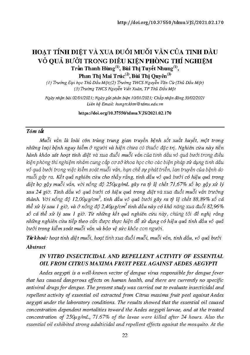 Hoạt tính diệt và xua đuổi muỗi vằn của tinh dầu vỏ quả bưởi trong điều kiện phòng thí nghiệm