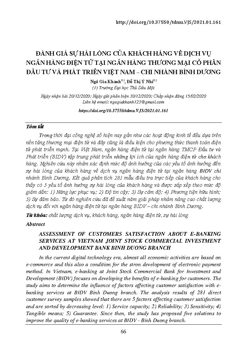 Đánh giá sự hài lòng của khách hàng về dịch vụ ngân hàng điện tử tại ngân hàng thương mại cổ phần đầu tư và phát triển Việt Nam - chi nhánh Bình Dương