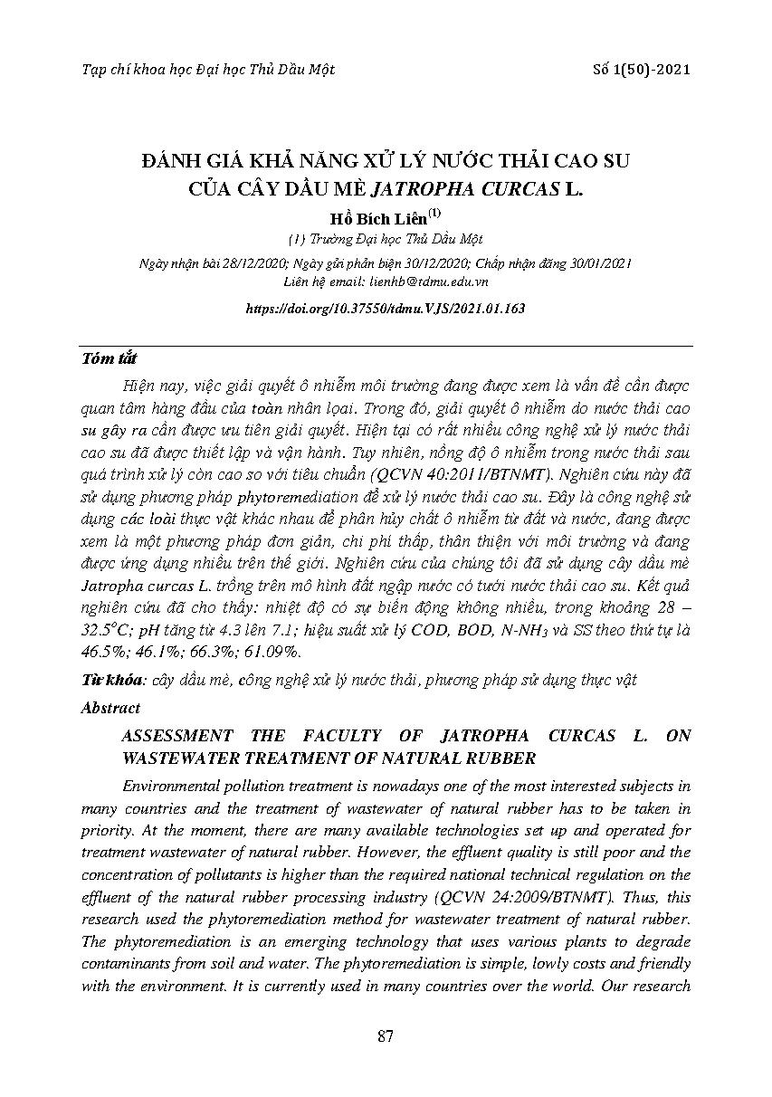 Đánh giá khả năng xử lý nước thải cao su của cây dầu mè jatropha curcasl