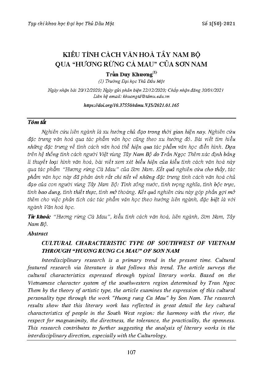 KIểu tính cách văn hóa Tây Nam Bộ qua ''hương rừng Cà Mau'' của Sơn Nam