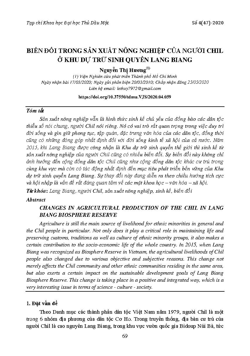 Biến đổi trong sản xuất nông nghiệp của người Chil ở khu dự trữ sinh quyển Lang Biang