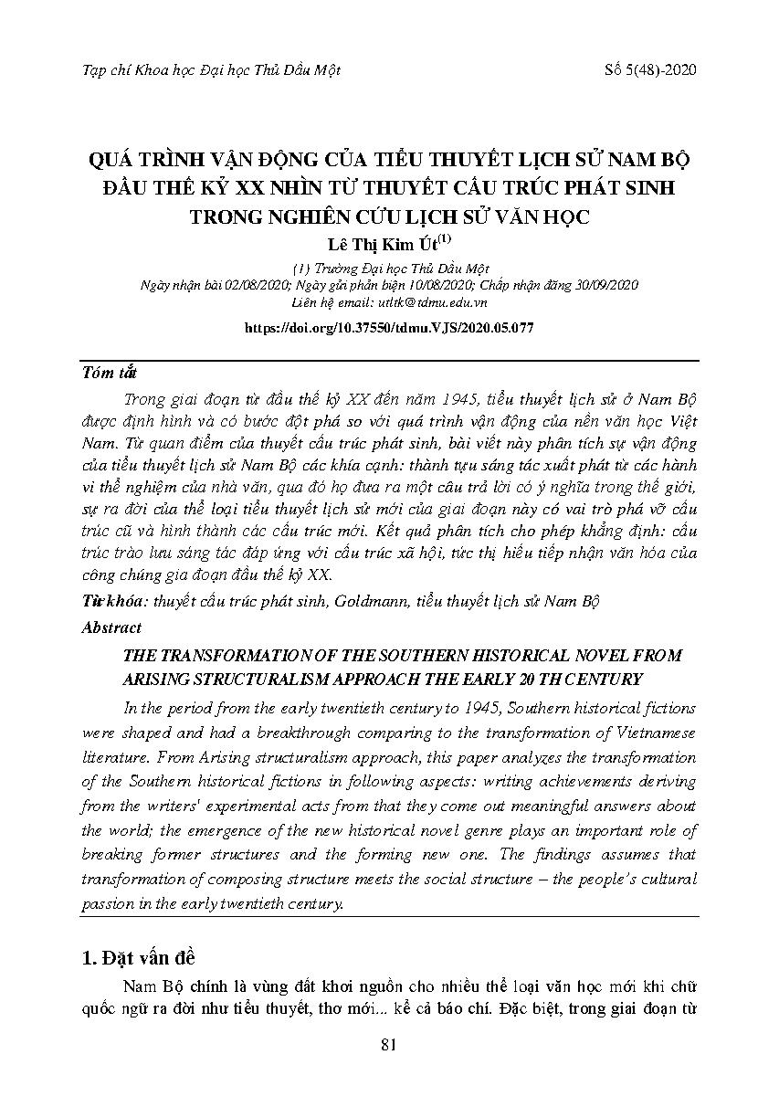 Quá trình vận động của tiểu thuyết lịch sử Nam Bộ đầu thế kỷ XX nhìn từ lý thuyết cấu trúc phát sinh trong nghiên cứu lịch sử văn học