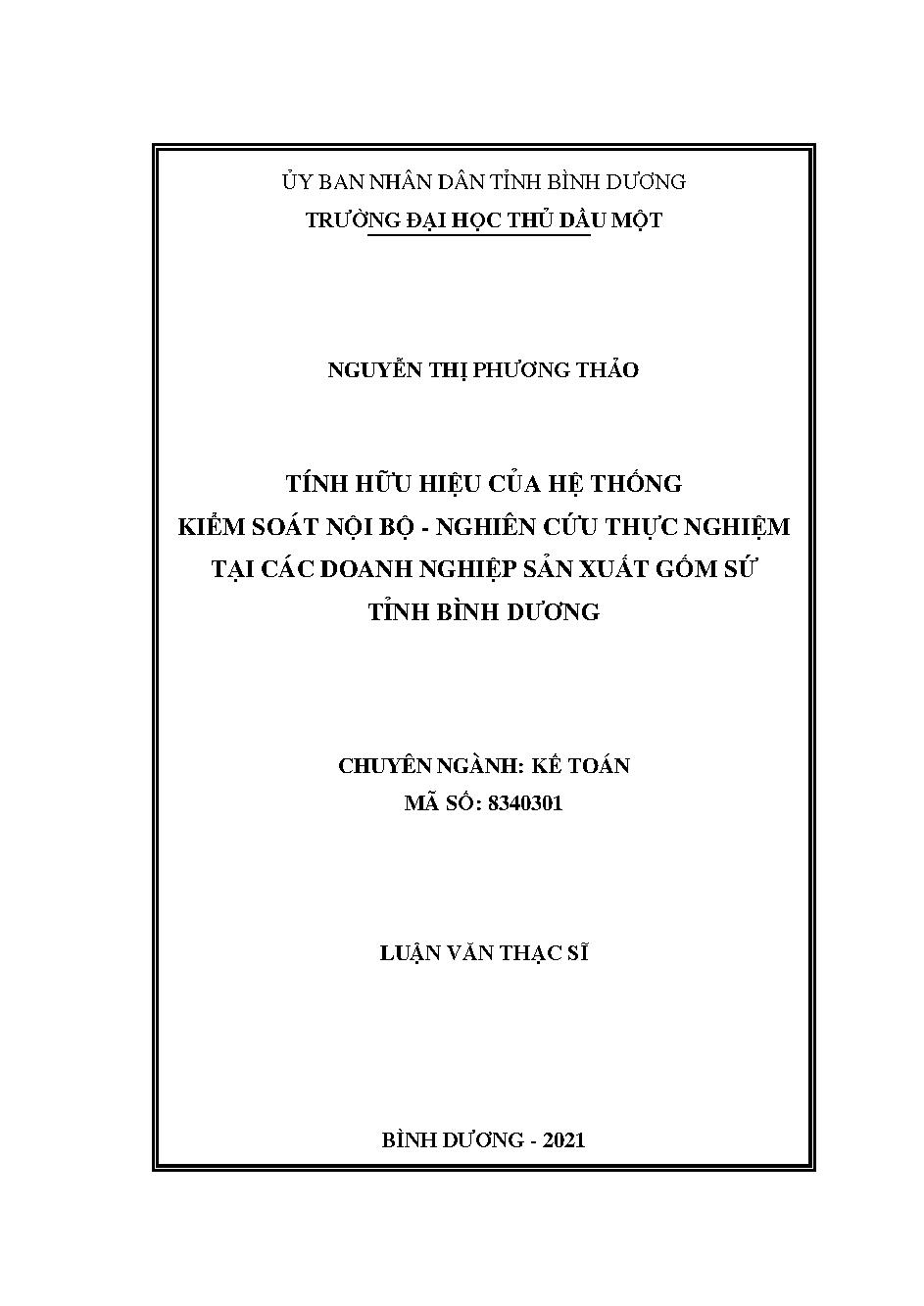 Tính hữu hiệu của hệ thống kiểm soát nội bộ - Nghiên cứu thực nghiệm tại các doanh nghiệp sản xuất gốm sứ tỉnh Bình Dương