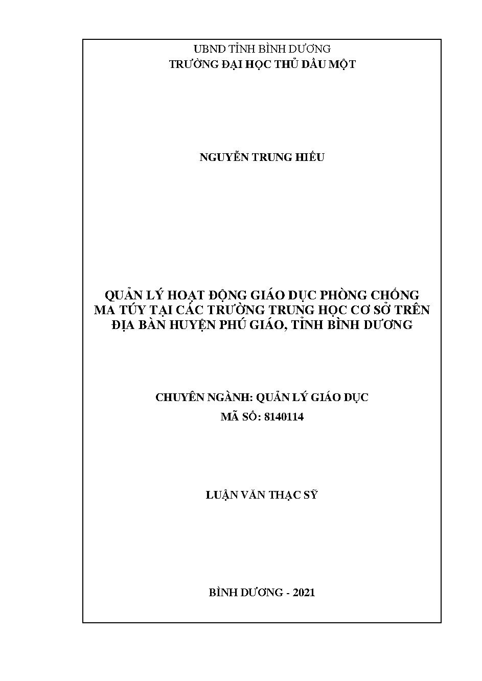 Quản lý hoạt động giáo dục phòng chống ma túy tại các trường Trung học cơ sở trên địa bàn huyện Phú Giáo, tỉnh Bình Dương