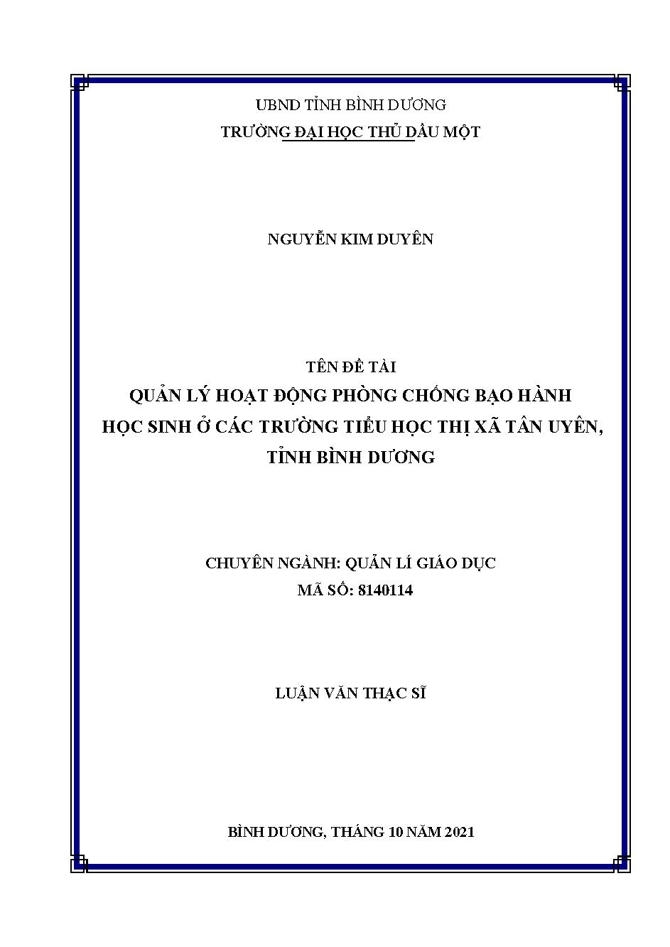 Quản lý hoạt động phòng chống bạo hành học sinh ở các trường Tiểu học thi xa Tân Uyên, tỉnh Bình Dương