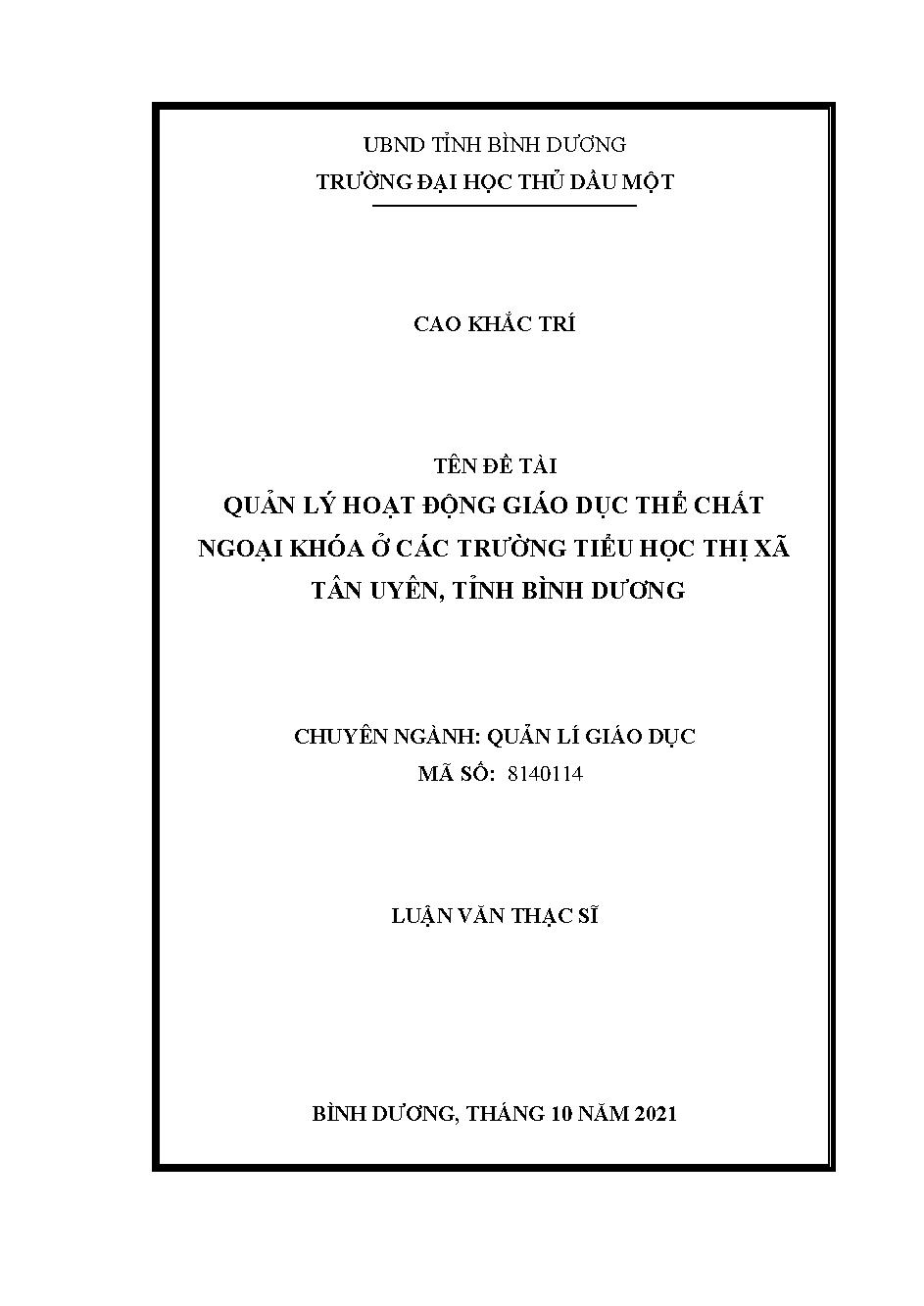 Quản lý hoạt động giáo dục thể chất ngoại khóa ở các trường Tiểu học thị xãTân Uyên, Tỉnh Bình Dương