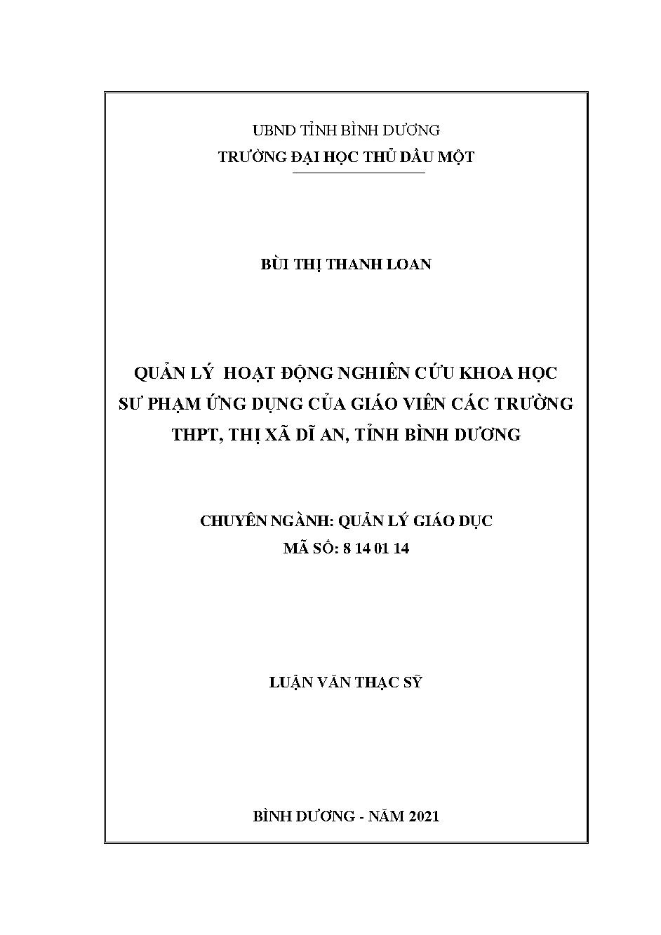 Quản lý hoạt động nghiên cứu khoa học sư phạm ứng dụng của giáo viên các trường THPT, thị xã Dĩ An, tỉnh Bình Dương