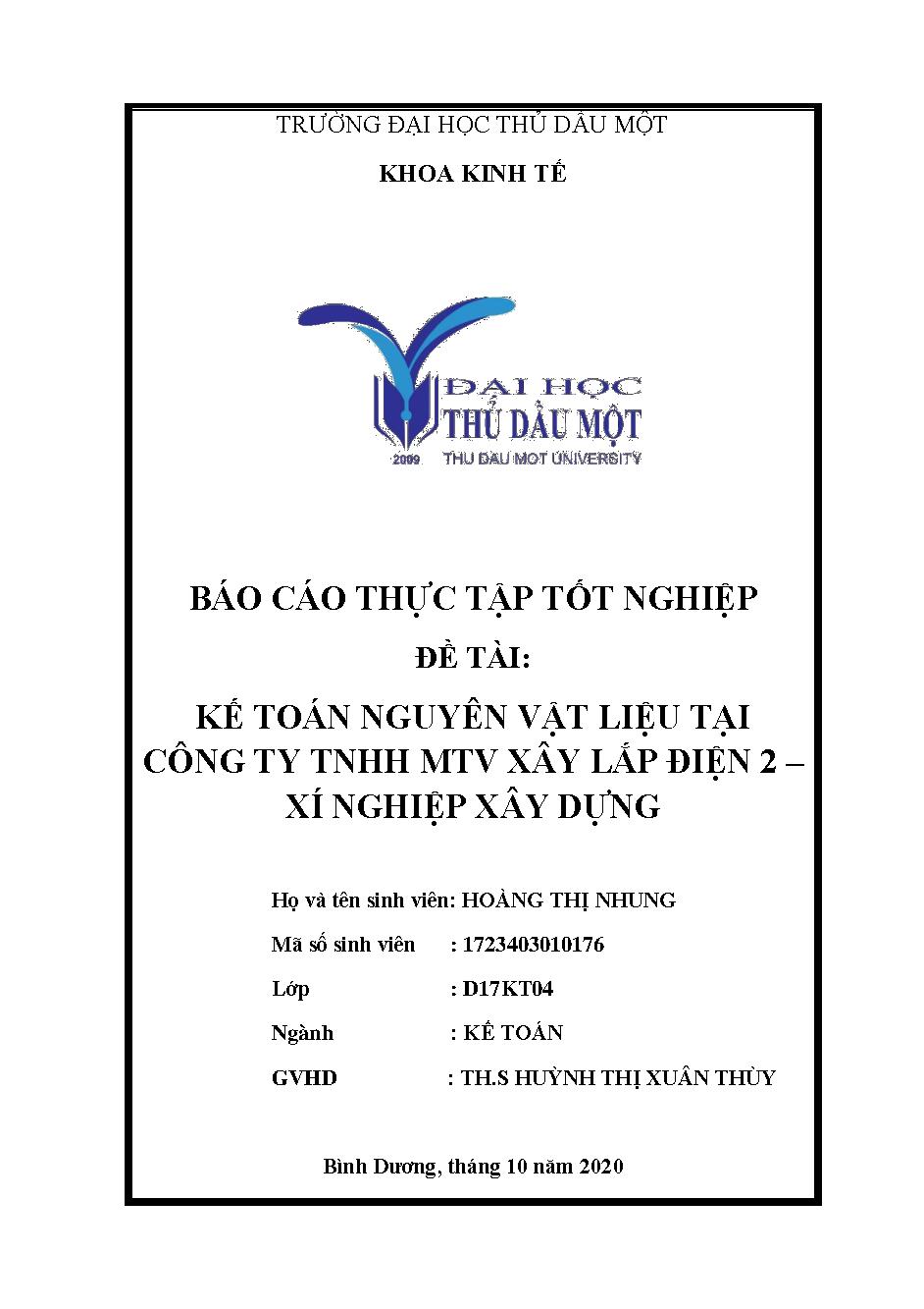 Kế toán nguyên vật liệu tại Công ty TNHH MTV Xây lắp điện 2 - Xí nghiệp Xây dựng