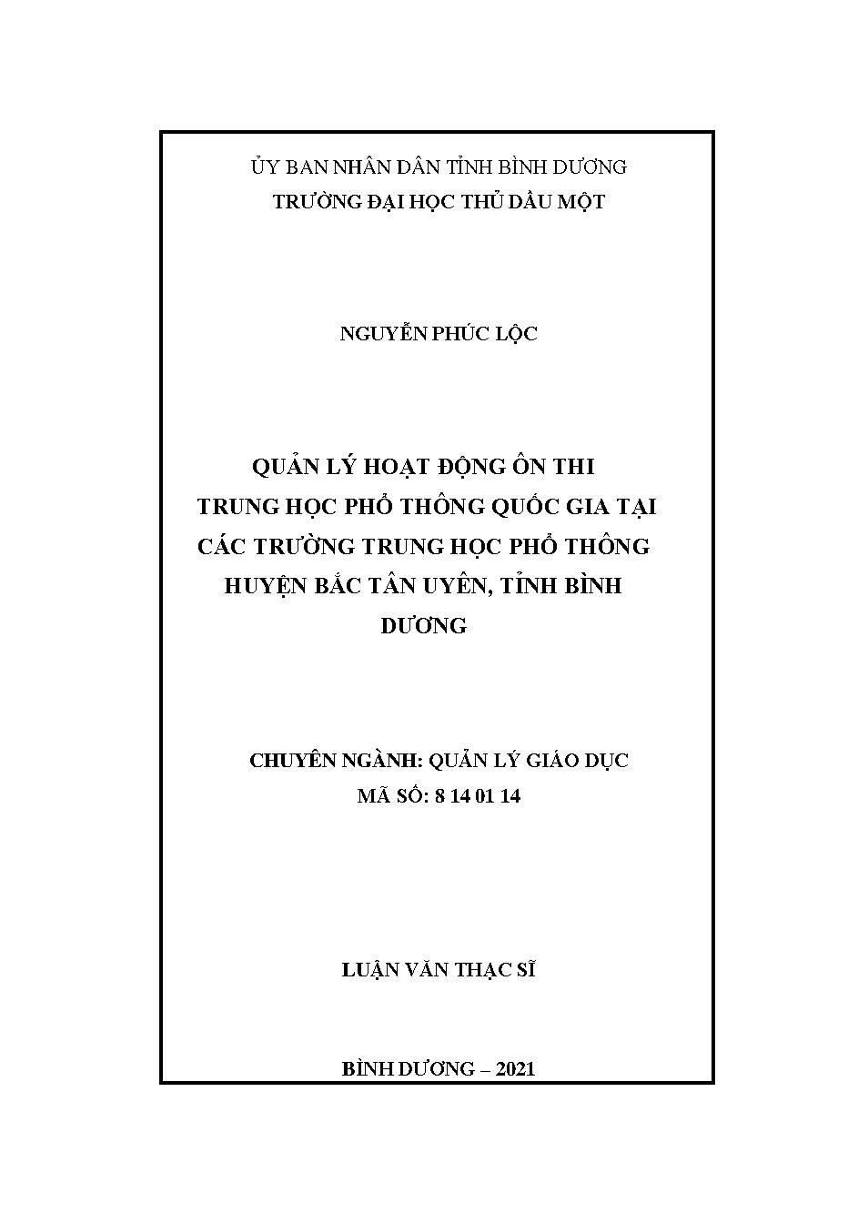 Quản lý hoạt động ôn thi trung học phổ thông quốc gia tại các trường Trung học Phổ thông huyện Bắc Tân Uyên, tỉnh Bình Dương