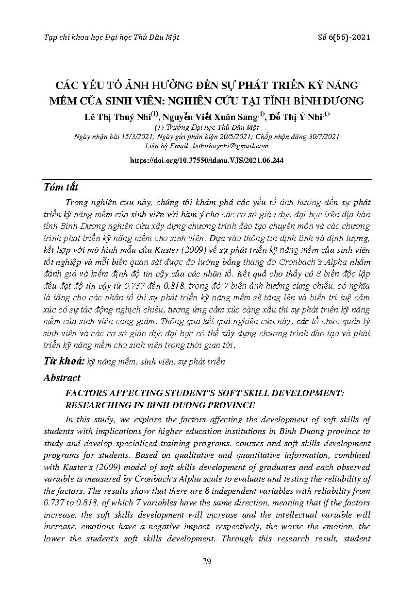 Các yếu tố ảnh hưởng đến sự phát triển kỹ năng mềm của sinh viên: Nghiên cứu tại tỉnh Bình Dương