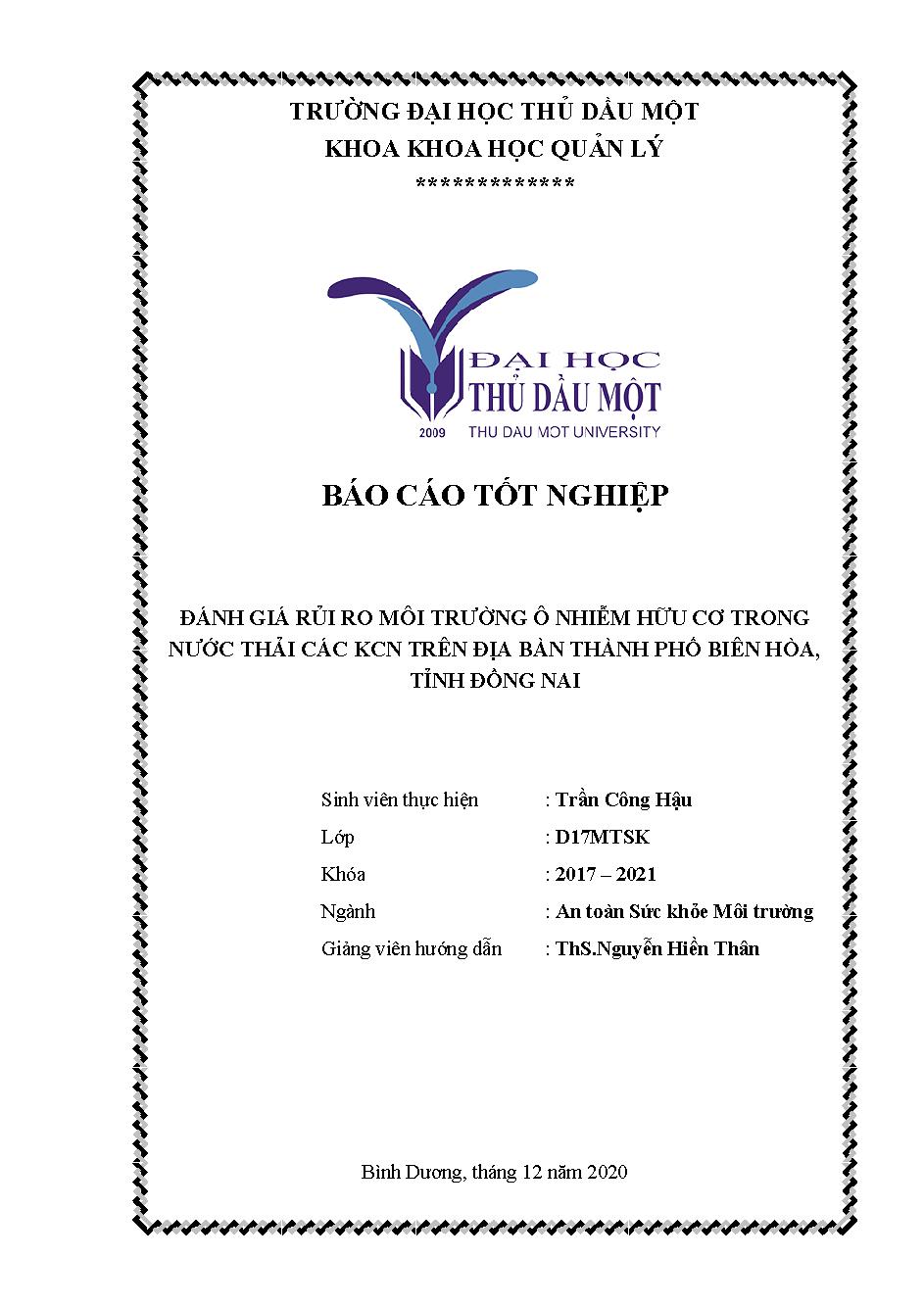 Đánh giá rủi ro môi trường ô nhiễm hữu cơ trong nước thải các KCN trên địa bàn Thành phố Biên Hòa, Tỉnh Đồng Nai