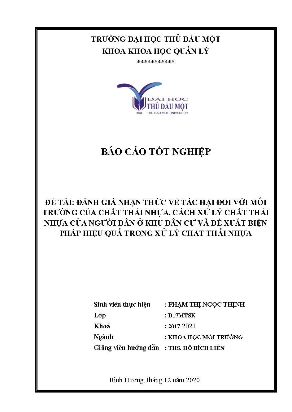 Đánh giá nhận thức về tác hại đối với môi trường của chất thải nhựa, cách xử lý chất thải nhựa của người dân ở khu dân cư và đề xuất biện pháp hiệu quả trong xử lý chất thải nhựa