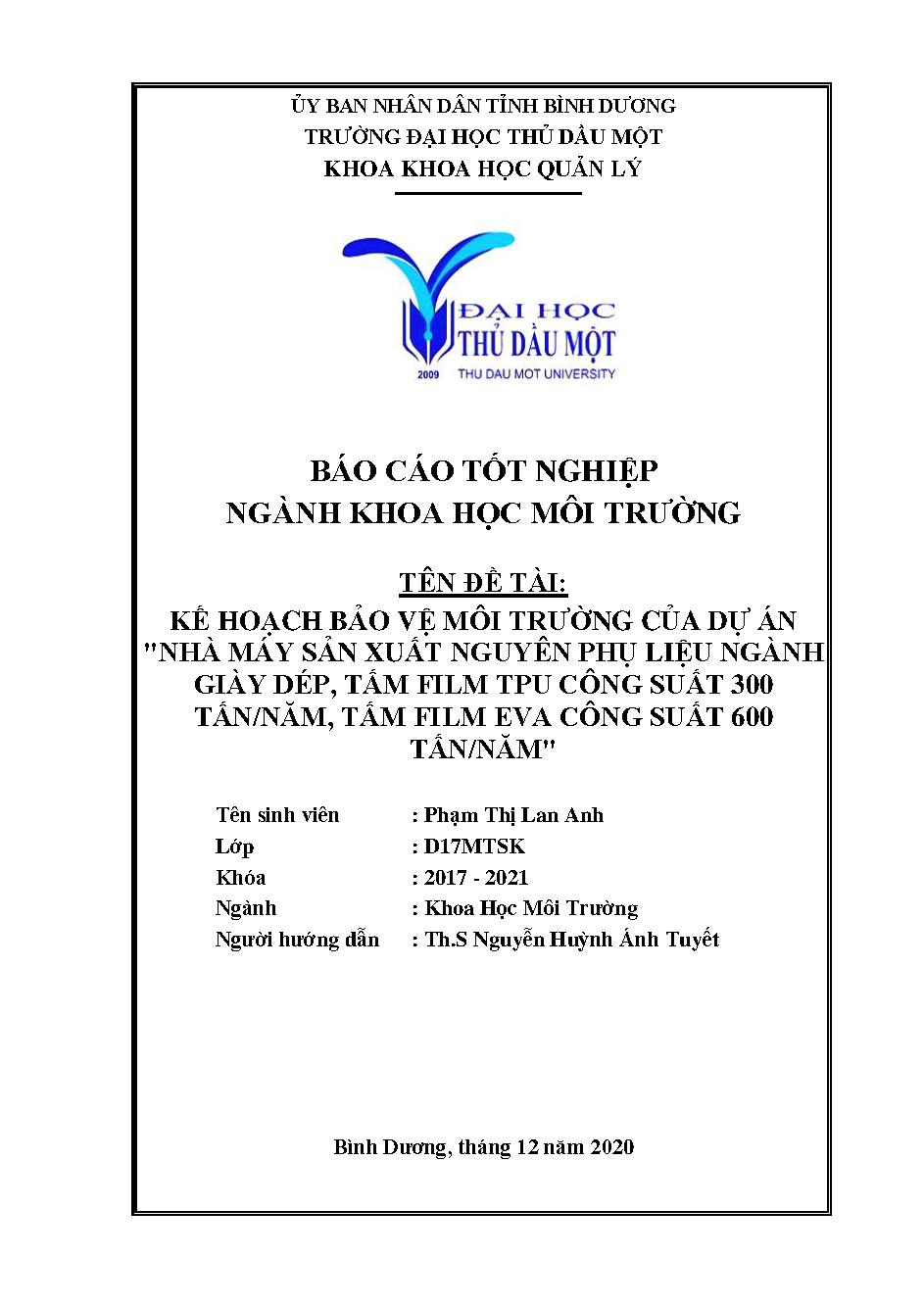 Kế hoạch bảo vệ môi trường của dự án "Nhà máy sản xuất nguyên phụ liệu ngành giày dép, tấm film TPU công suất 300 tấn/năm, tấm film EVA công suất 600 tấn/năm