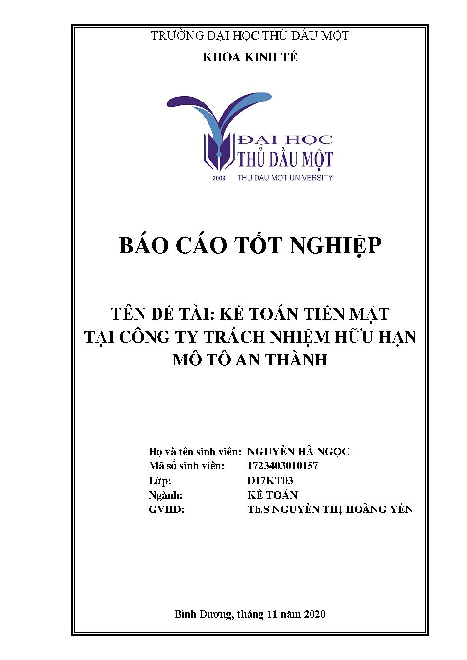 Kế toán tiền mặt tại Công ty Trách nhiệm hữu hạn Mô tô An Thành