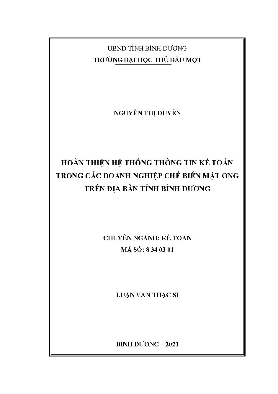 Hoàn thiện hệ thống thông tin kế toán trong các doanh nghiệp chế biến mật ong trên địa bàn tỉnh Bình Dương